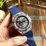 Copy Hublot Watches Classic Fusion Silver Diamond Bezel With Blue Rubber Strap